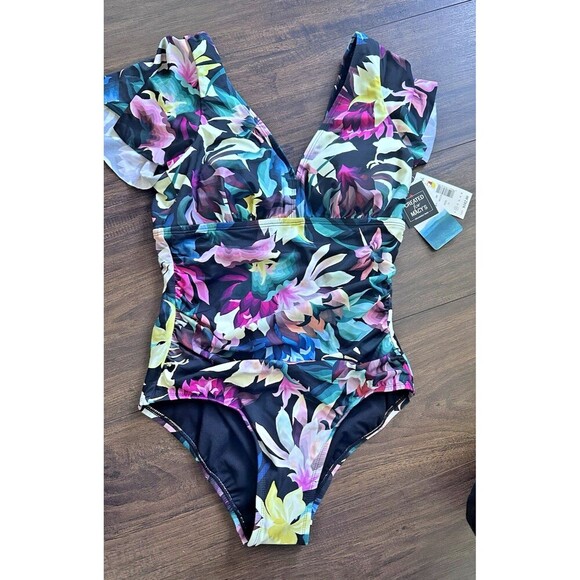 Swim Solutions Women's Floral-Print Flutter-Sleeve One-Piece Swimsuit Size 10 - Picture 3 of 8